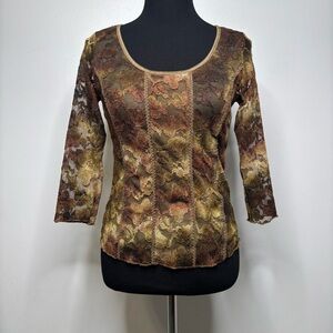 Cato Sheer Floral Lace Mesh Top Women’s S Brown Green Gold Lined Body Fairy Y2K